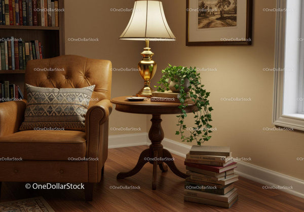 Cozy reading nook with leather chair and warm lighting