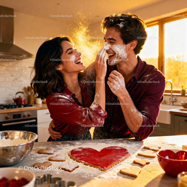 Couple playfully baking heart shaped cookies in kitchen