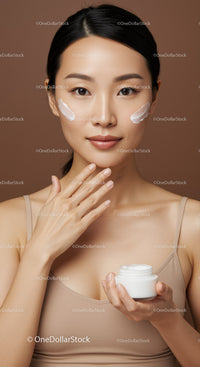 Woman Applying Cream for Flawless Skin with Skincare Jar