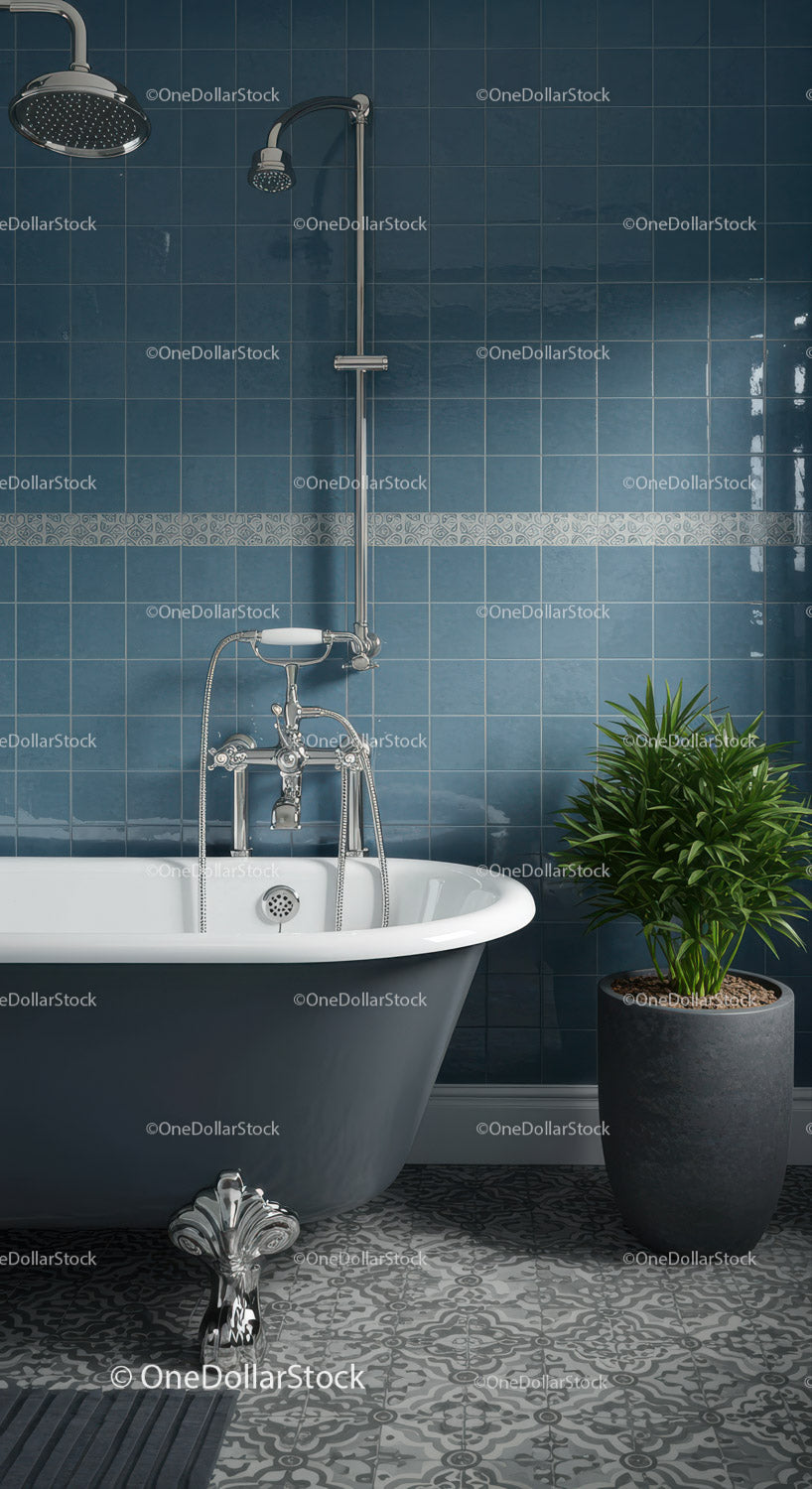 Elegant freestanding bathtub with vintage shower setup
