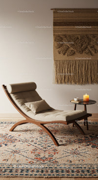 Cozy lounge chair with candle and cup on side table