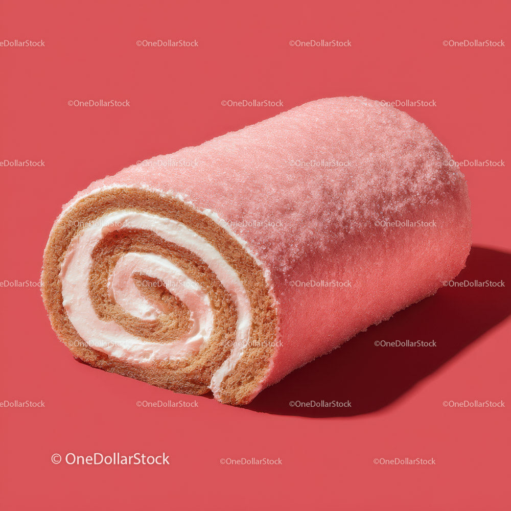 Pink Velvet Cake Roll with Cream Filling in Bright Red Background