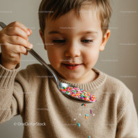 Small boy playing with colorful candy sprinkles