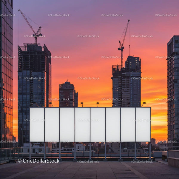 Modern City Skyline with Skyscrapers and Construction Cranes at Sunset JPG Mockup Image
