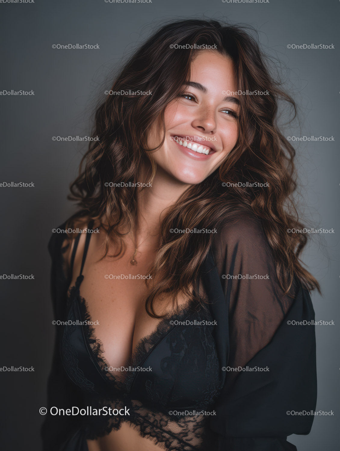 Smiling Brunette Woman in Black Lace Lingerie Studio Portrait