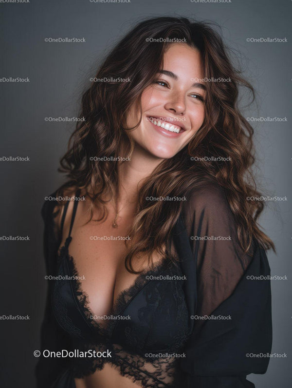 Smiling Brunette Woman in Black Lace Lingerie Studio Portrait