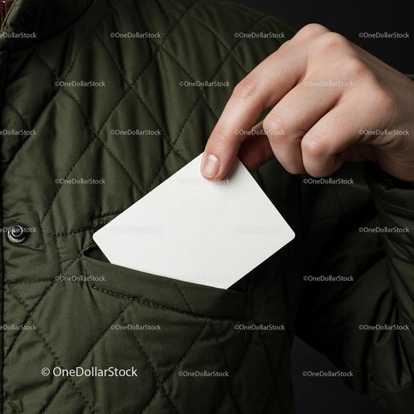Person placing blank card into green quilted jacket pocket JPG Mockup Image