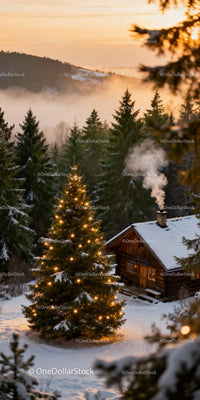 Cozy Winter Cabin with Lit Christmas Tree at Dusk