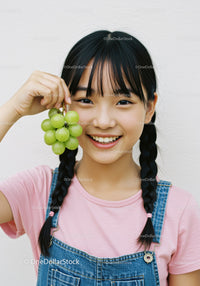 Young Girl Holding Green Grapes with Bright Smile in Casual Outfit