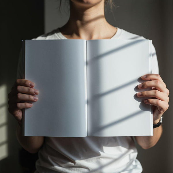 Person holding open blank book in soft natural light JPG Mockup Image