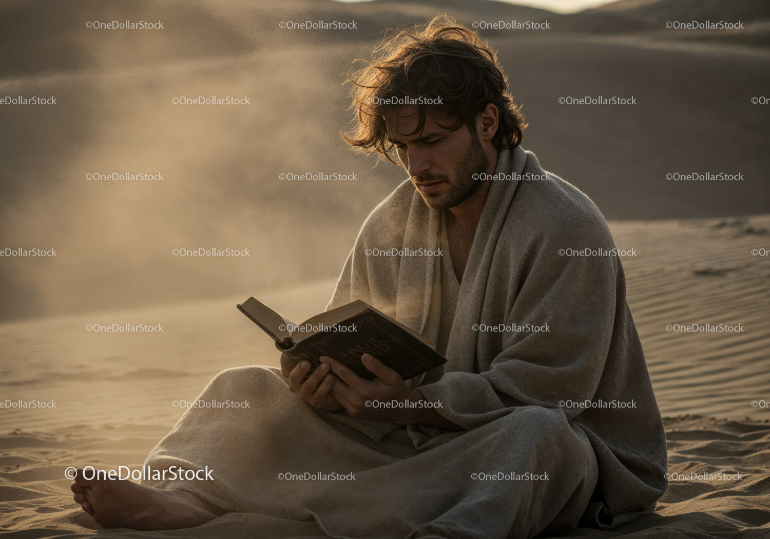 Man in Casual Clothing Reading Book in Desert During Dust Storm