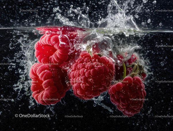 Red Raspberries Splashing into Water in Vibrant Underwater Scene