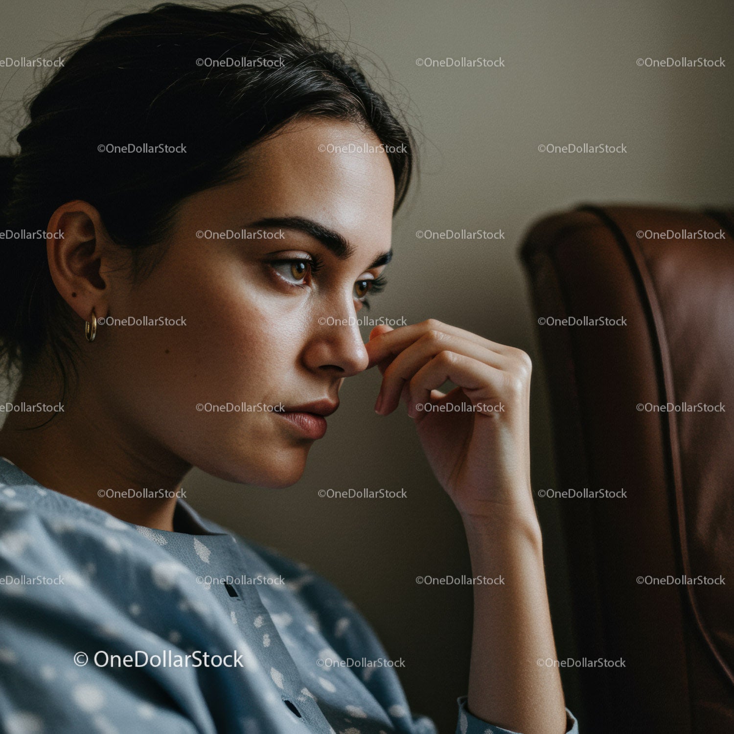 Contemplative Woman Portrait with Emotional Expression for Stock Use