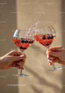 Two hands clinking glasses with sparkling berry drinks