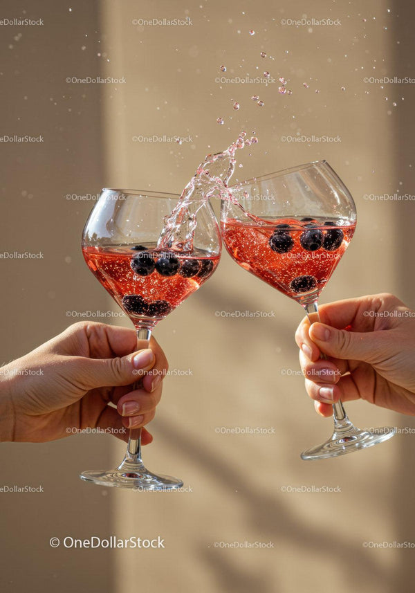 Two hands clinking glasses with sparkling berry drinks
