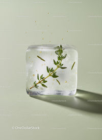 Fresh Herb Encased in Clear Ice Cube on Soft Background