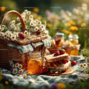Summer Picnic with Strawberries and Honey Jars in Garden Setting