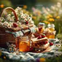 Summer Picnic with Strawberries and Honey Jars in Garden Setting