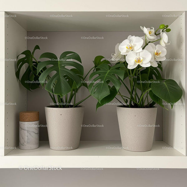 Elegant Indoor Orchid and Monstera in Minimalist Plant Pots for Home Decor