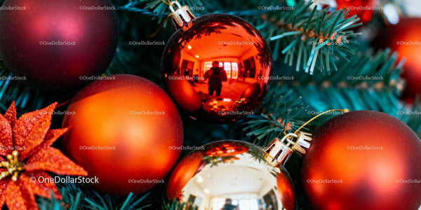 Close-up of festive red and gold Christmas ornaments