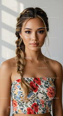 Stylish Woman Wearing Floral Crop Top with Long Wavy Hair