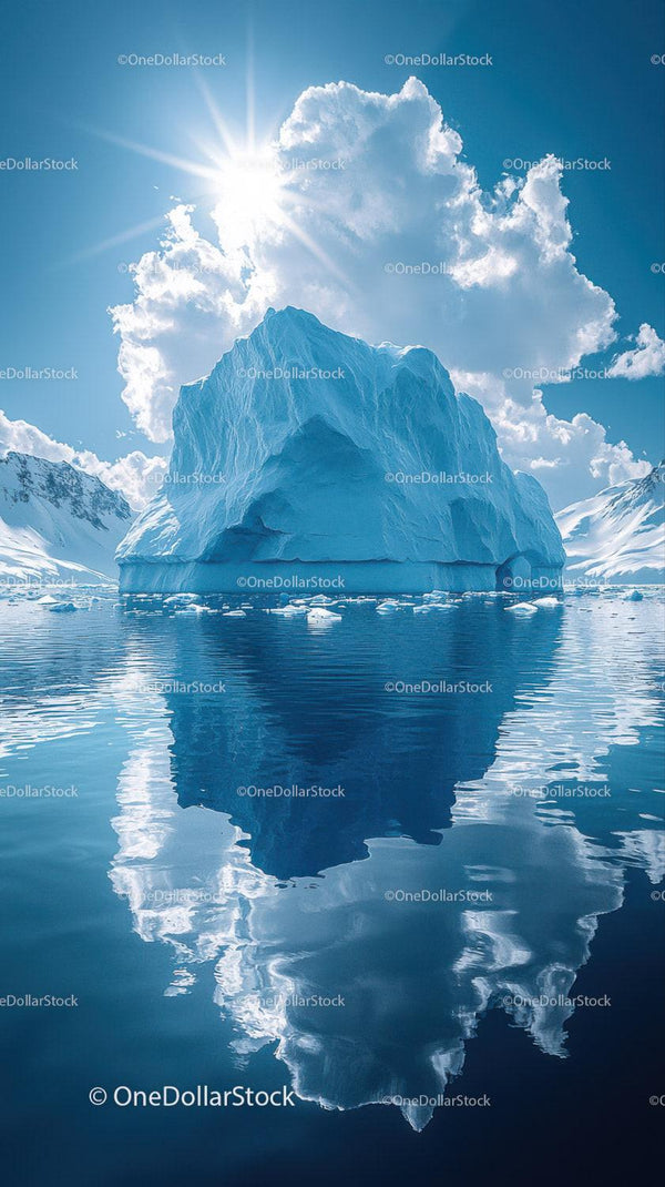 Majestic Blue Iceberg Reflecting in Calm Polar Waters Under Bright Sun Stock Photo Bundle (34 JPG Files)