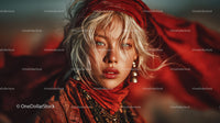 Glamorous Blonde Woman with Blue Eyes Wearing Red Scarf in Studio