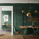 Elegant Green Wall Dining Room with Gold Pendant Lighting and Wooden Decor