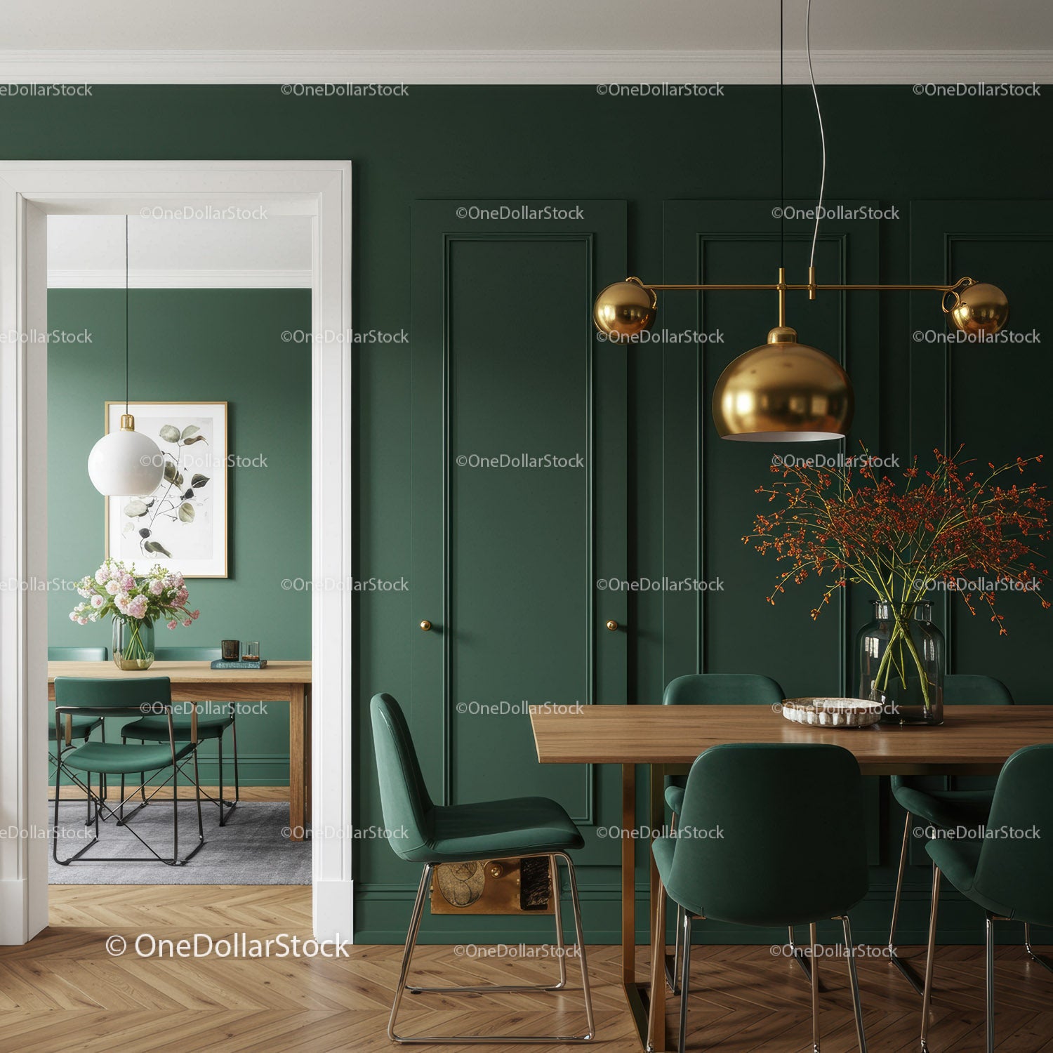 Elegant Green Wall Dining Room with Gold Pendant Lighting and Wooden Decor