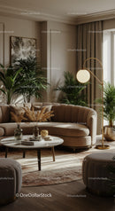 Cozy Living Room with Curved Sofa and Indoor Plants
