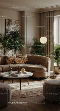 Cozy Living Room with Curved Sofa and Indoor Plants