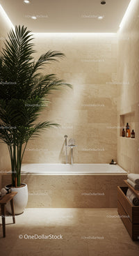 Modern Bathroom with Spa Tub and Tropical Plant in Calm Neutral Tones