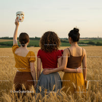 Women in Wheat Field with Mask and Friends Enjoying Summer Outdoors