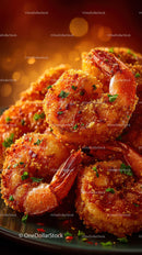 Crispy Fried Shrimp with Garlic and Herbs on a Dark Plate