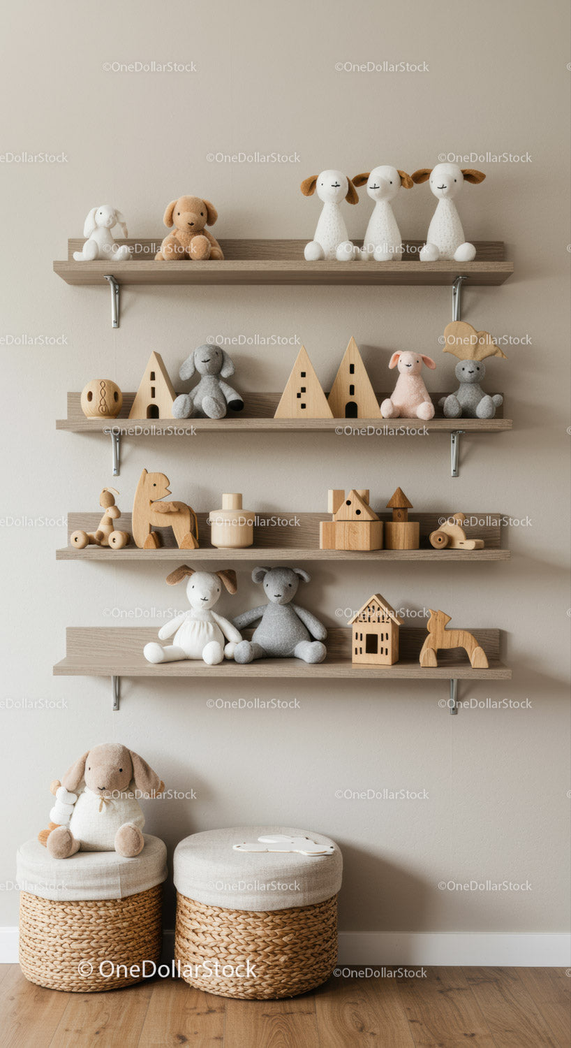 Cute Plush Animal Collection on Wooden Shelves in Modern Nursery