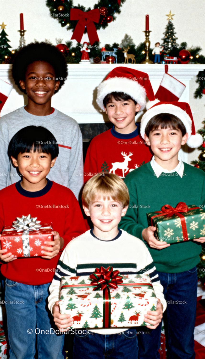 Group of smiling boys holding Christmas gifts indoors