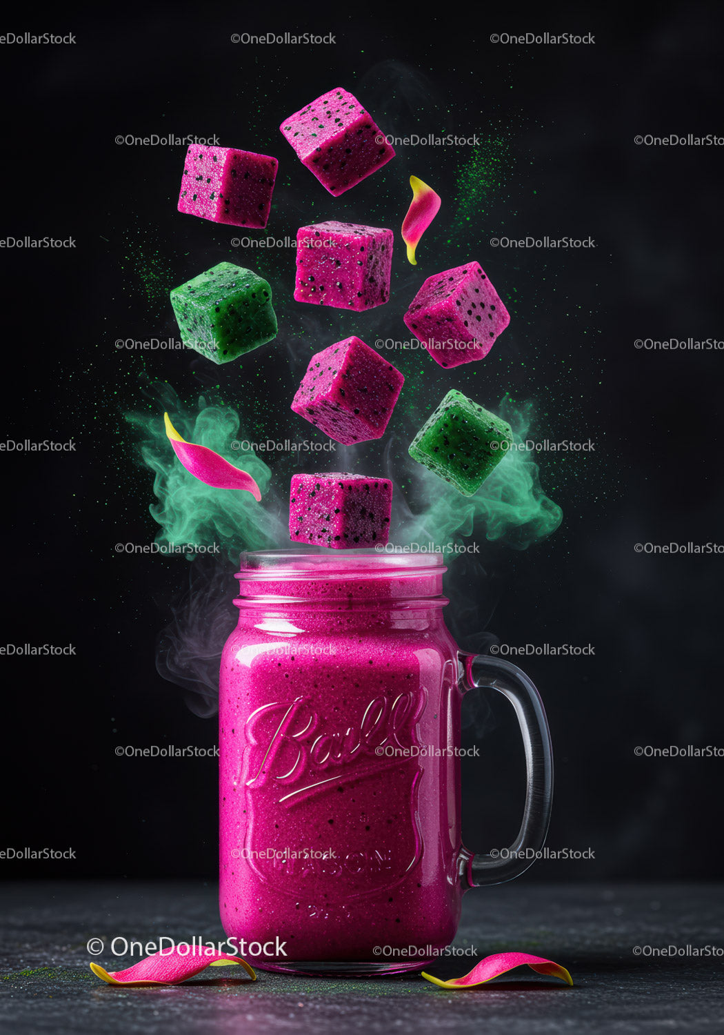Vibrant dragon fruit smoothie with frozen cubes in jar