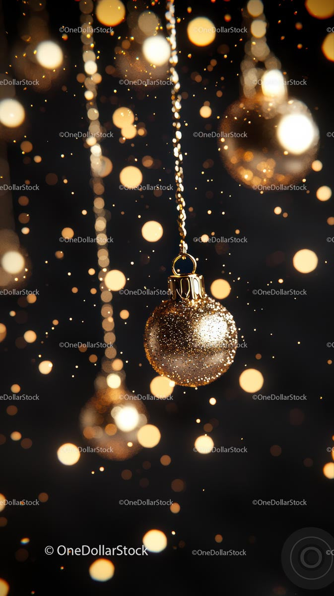 Golden Glitter Christmas Ornament Hanging with Bokeh Lights