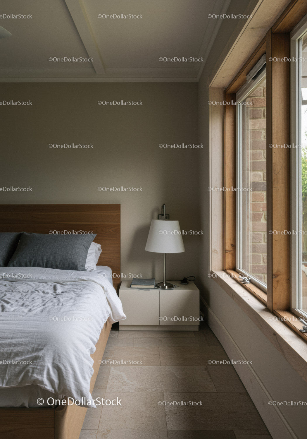 Sunlit Bedroom with Wooden Window Frame and Modern Bedding