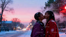 Romantic Winter Kiss Between Two Women at Sunset