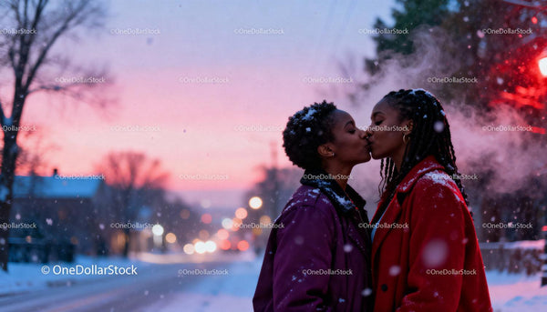 Romantic Winter Kiss Between Two Women at Sunset