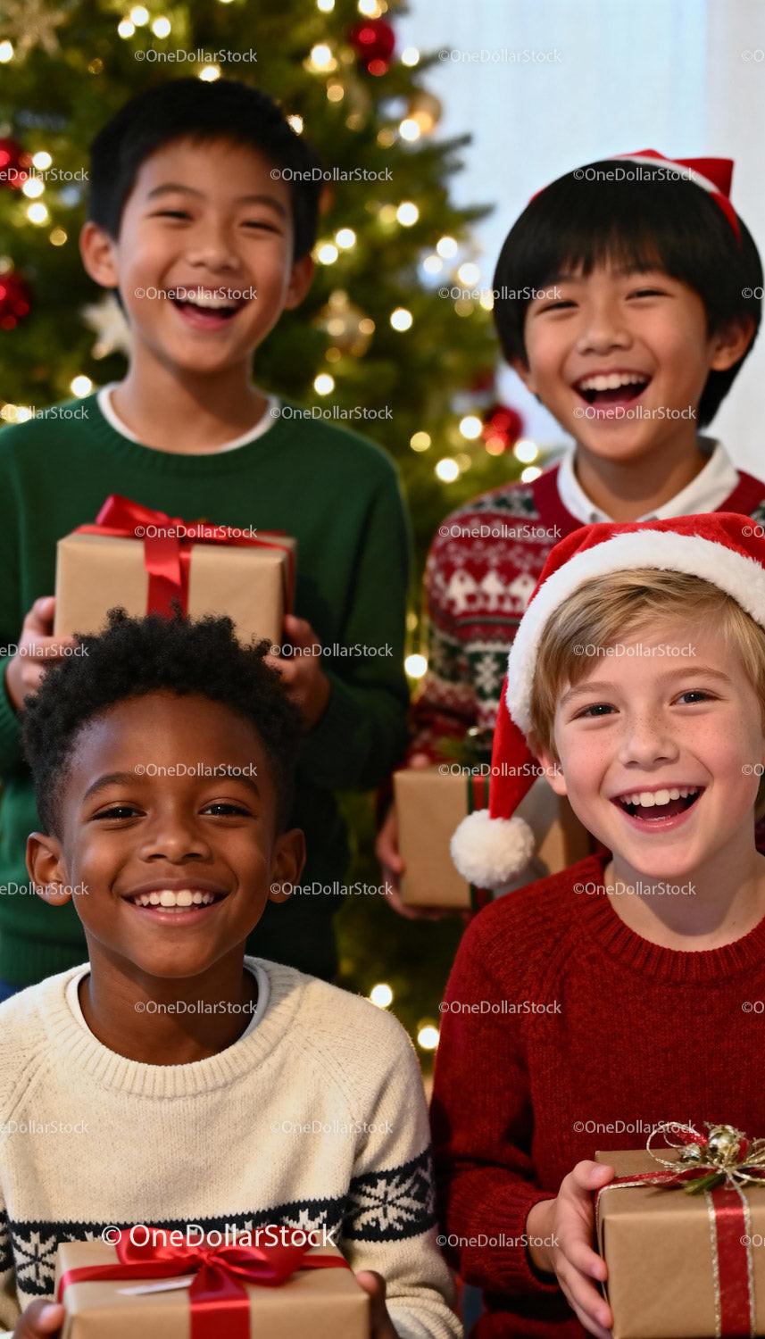 Happy children celebrating Christmas with gifts and joy