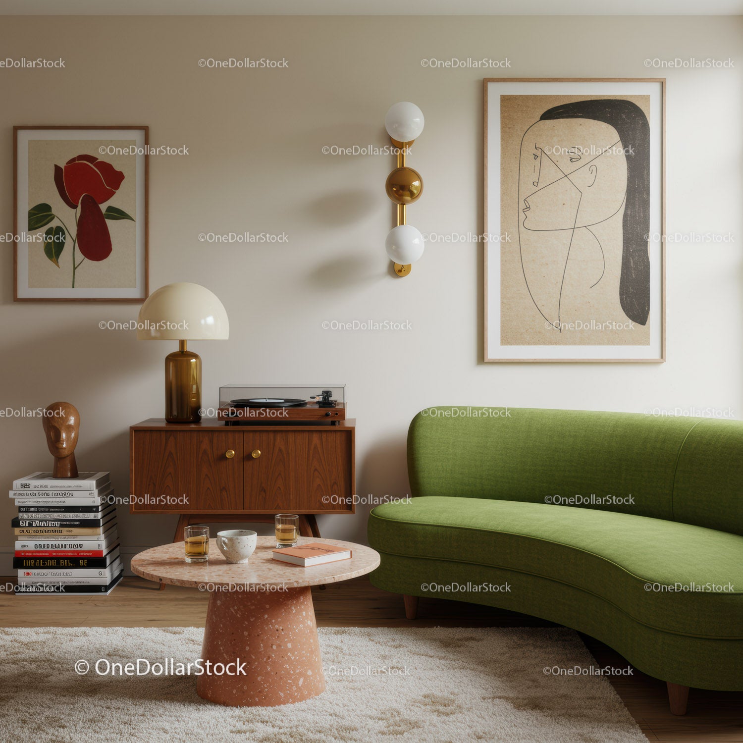 Cozy living room with retro furniture and green sofa