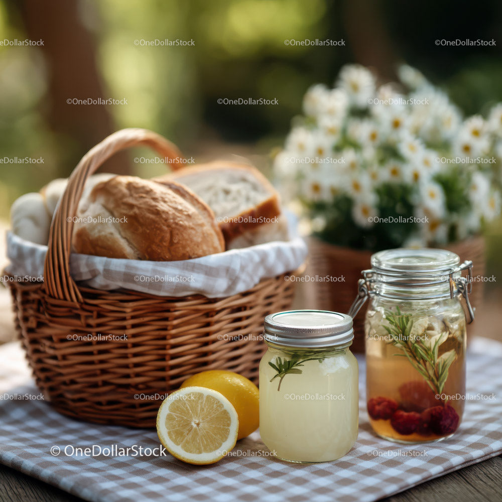 Outdoor Picnic with Fresh Baked Bread and Honey Jars in Sunlight