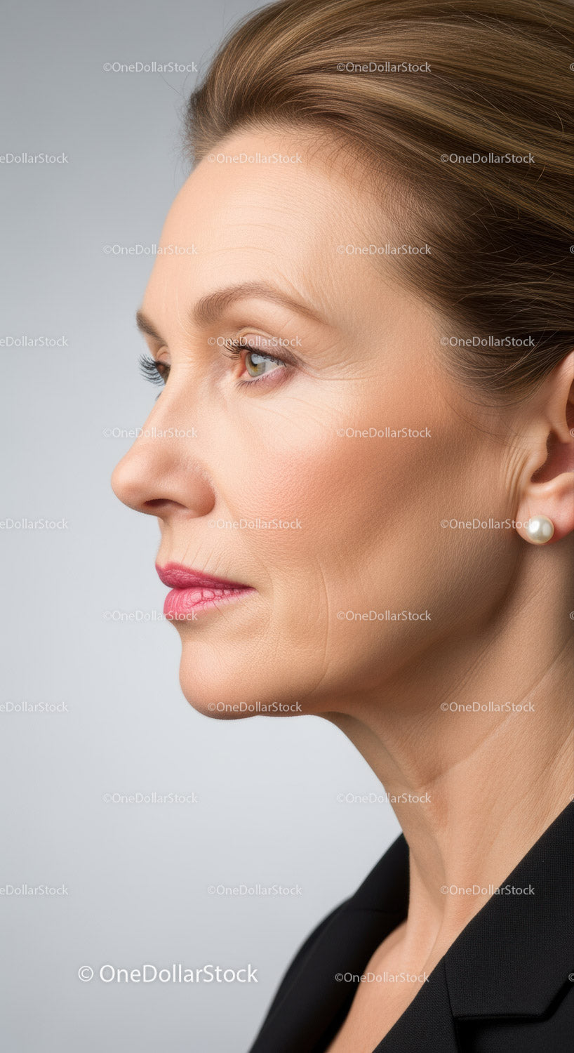 Elegant Woman with Flawless Skin and Brown Hair in Professional Attire