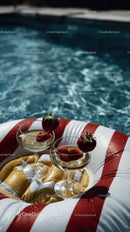 Strawberries and Champagne Glasses on Inflatable in Poolside Setting
