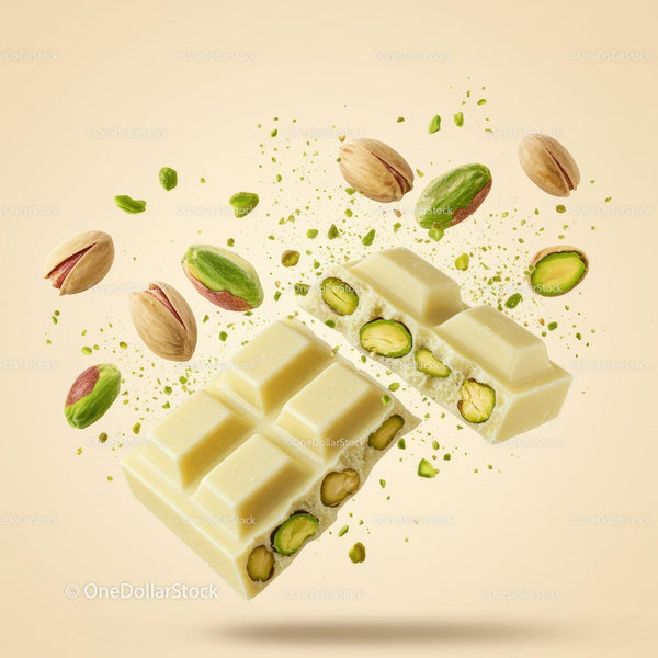 White Chocolate Bar with Pistachios Breaking Apart