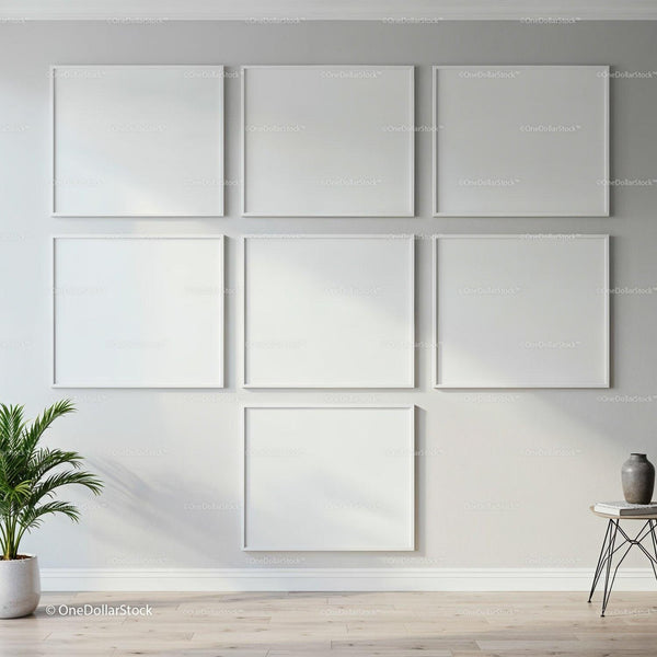 Minimalist empty white frames arranged on modern wall JPG Mockup Image