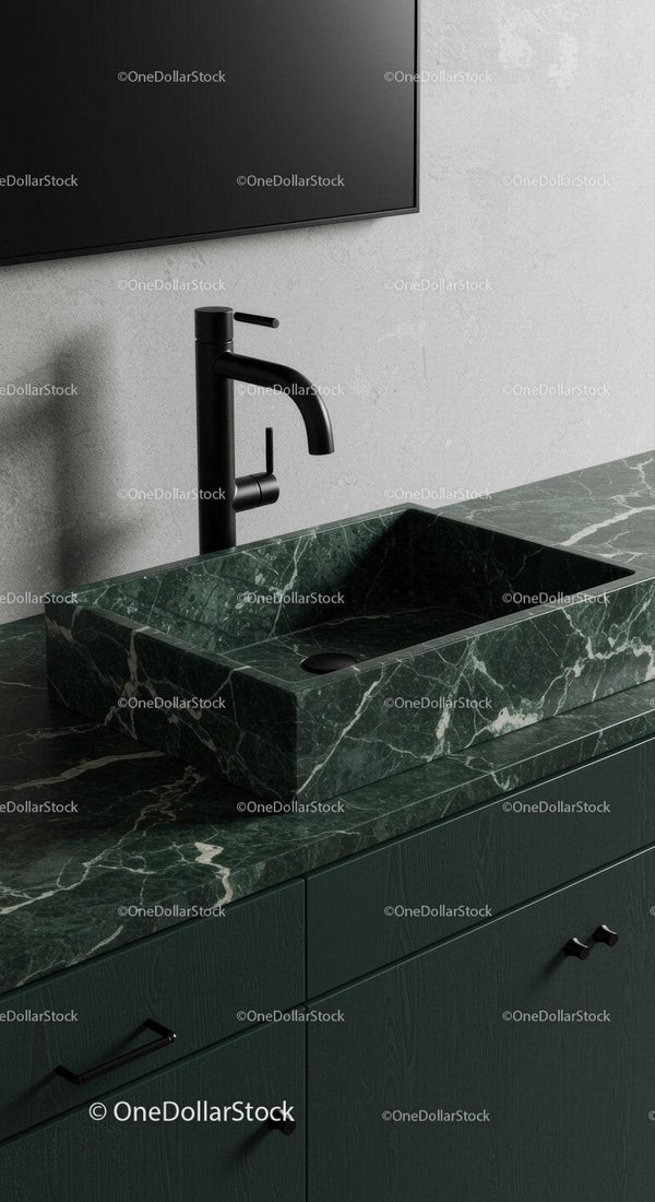 Modern Green Marble Bathroom Sink with Black Faucet and Minimalist Design