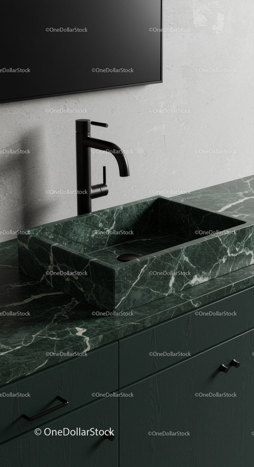 Nowoczesna zielona marmurowa umywalka łazienkowa z czarnym kranem i minimalistycznym designem